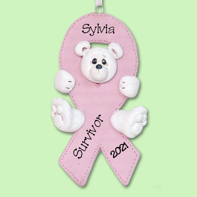 Breast CANCER-PINK RIBBON Survivor / Memorial White Polar Bear - Polymer Clay Personalized Christmas Ornament