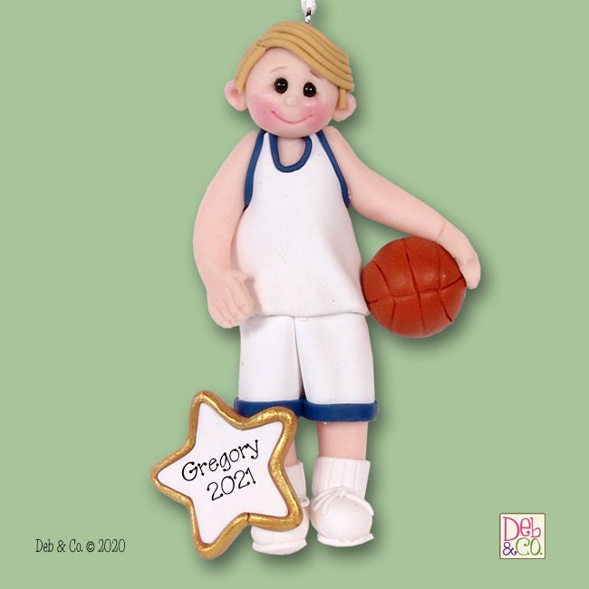 Personalized Boy Basketball Ornament, HANDMADE Polymer Clay in Custom Gift Box - Blonde Hair