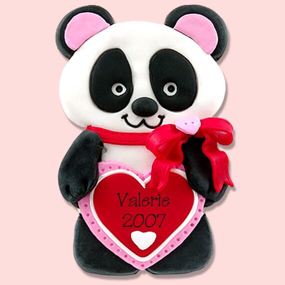 Personalized Panda Bear Valentine Ornament Handmade Polymer Clay by Deb & Co.