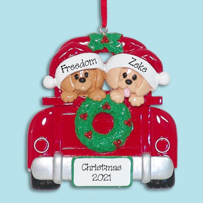 2 Puppy Dogs in Red Pickup Truck Christmas Ornament HAND Painted RESIN- Custom Ornaments