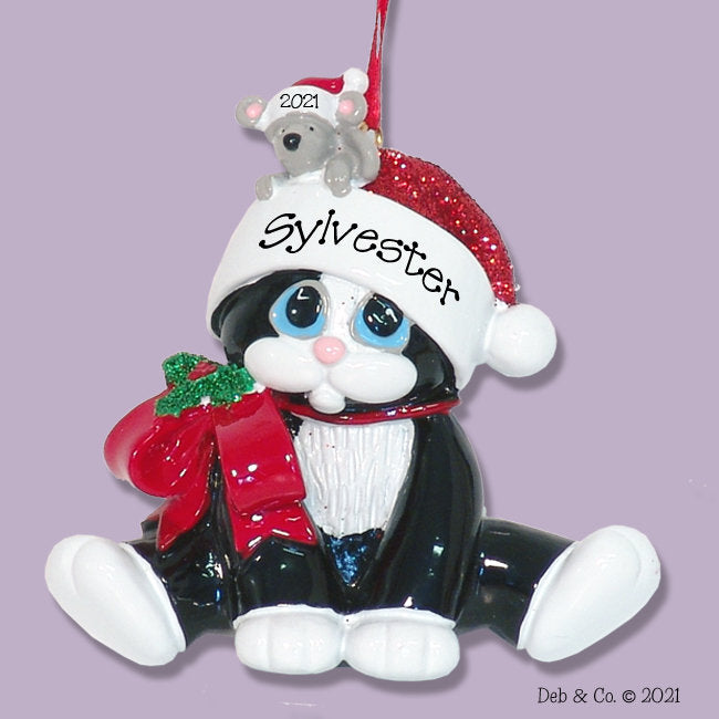 Tuxedo Black & White Christmas KITTY CAT with Mouse Personalized Christmas Ornament / Personalized Cat Ornament