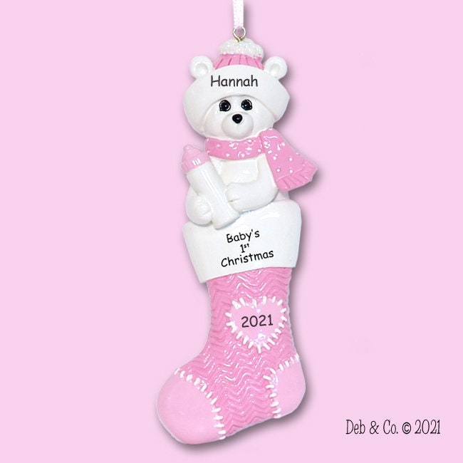 Baby's First Christmas - Polar Bear in Stocking Personalized Baby Ornament  for Girl - Hand Painted RESIN