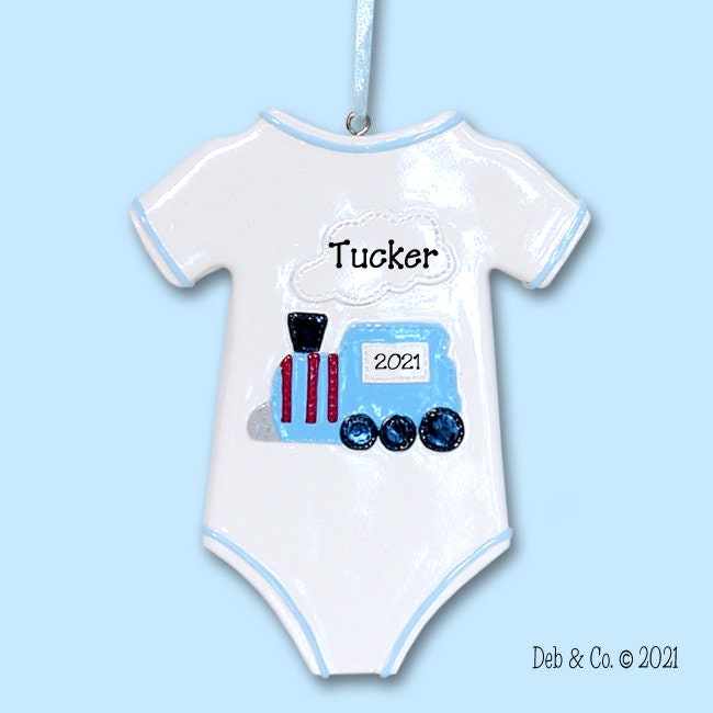 Baby's First Christmas Ornament, Onesie with Train Baby ornament for BOY, Personalized Ornaments, RESIN Baby Ornament