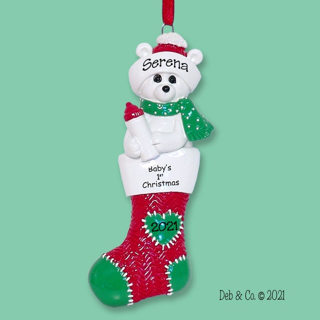 Baby's First Christmas - Polar Bear in Stocking Personalized Baby Ornament  for Girl or Boy - Hand Painted RESIN