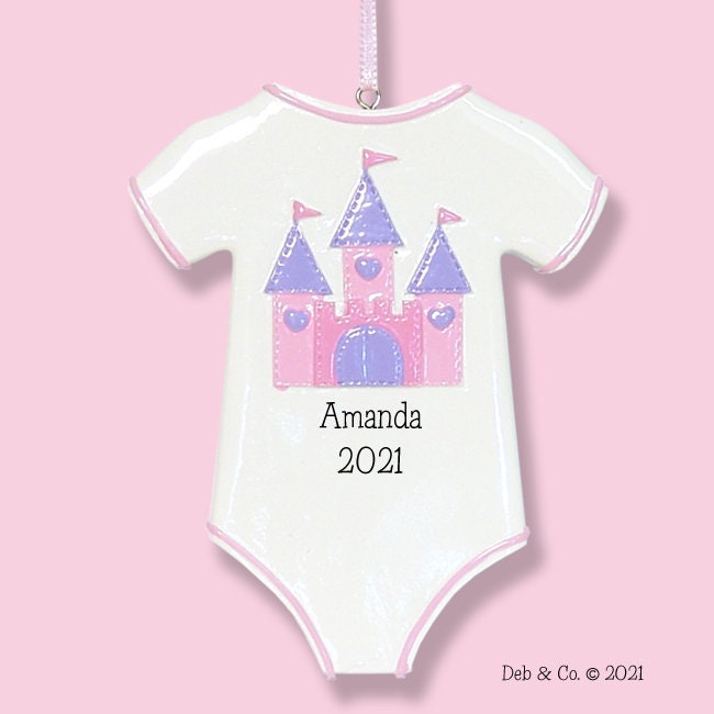 Baby's First Christmas Ornament, Onesie with Castle Baby ornament for GIRL, Personalized Ornaments, RESIN Baby Ornament