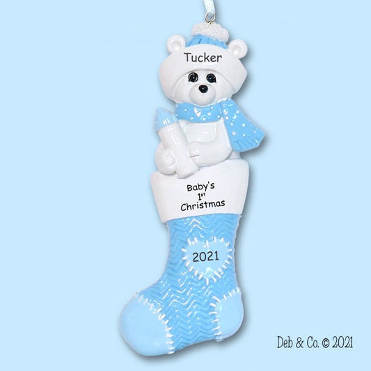 Baby's First Christmas - Polar Bear in Stocking Personalized Baby Ornament  for Boy - Hand Painted RESIN