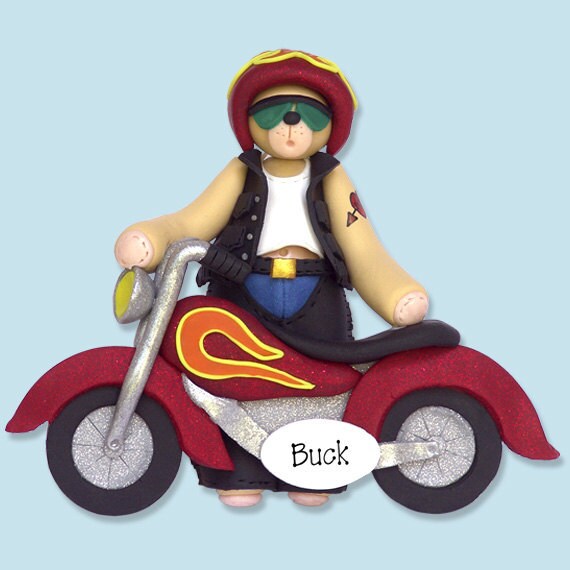 Belly Bear BIKER / Motorcycle - Handmade Polymer Clay Personalized Christmas Ornament