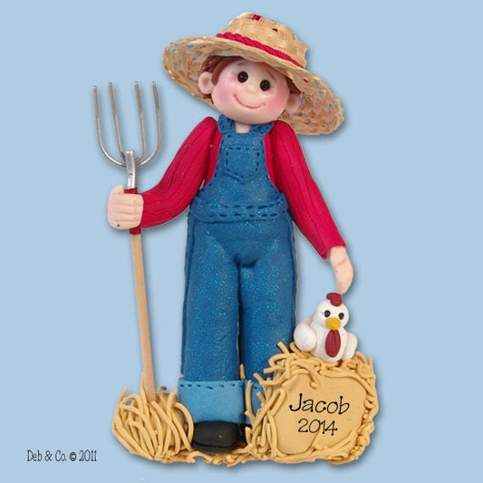 Farmer Boy with Chicken Personalized Christmas Ornament Handmade Polymer Clay