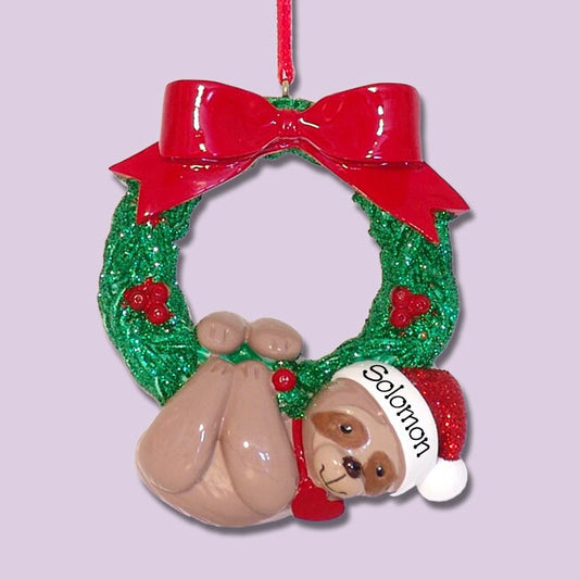 Sloth Hanging from Wreath Personlized Christmas Ornament - Hand painted RESIN