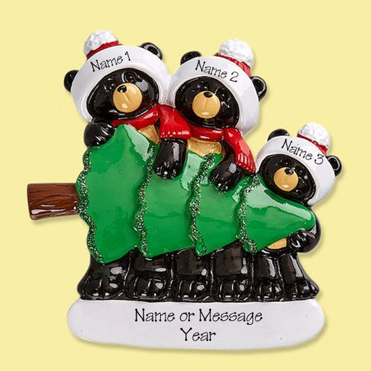 Black Bear Family of 3 Tree Shopping HAND PAINTED RESIN Personalized Christmas Ornament