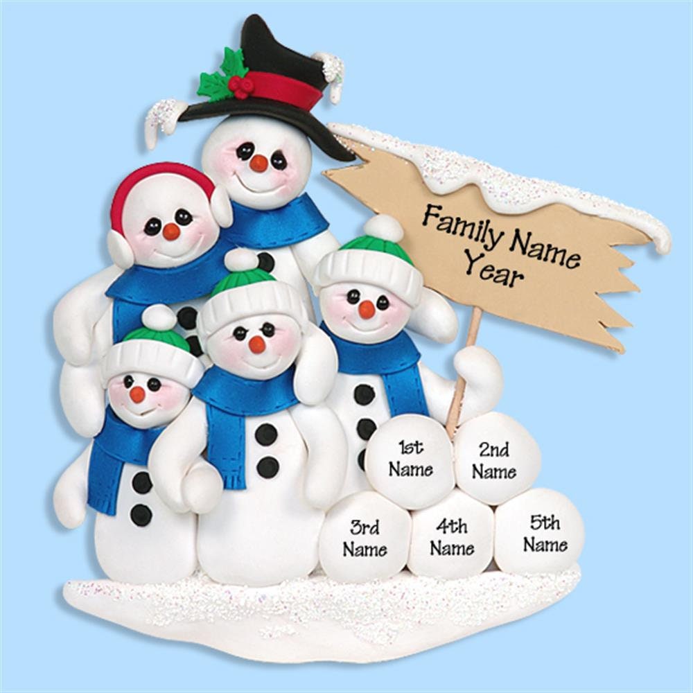 Snowman  Family of 5 HANDMADE POLYMER CLAY Personalized Christmas Ornament