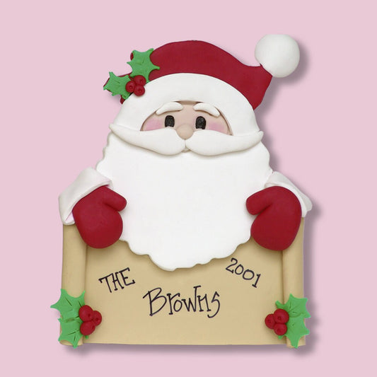 Santa Face on Banner HANDMADE POLYMER CLAY Personalized Christmas Ornament