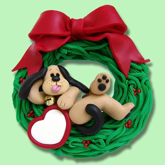 PUPPY DOG Relaxing in Wreath HANDMADE Polymer Clay Personalized Christmas Ornament