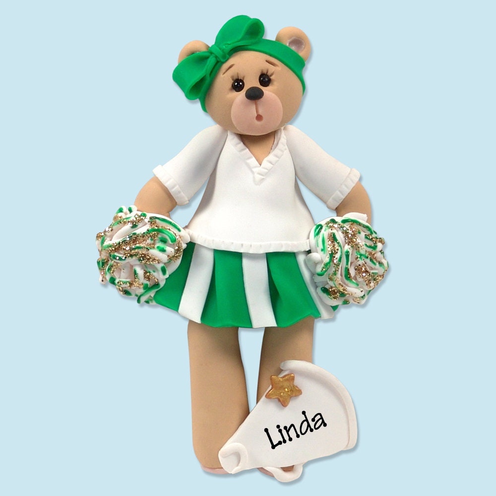Green Cheerleader Belly  Bear Handmade Polymer Clay Personalized Christmas Ornament
