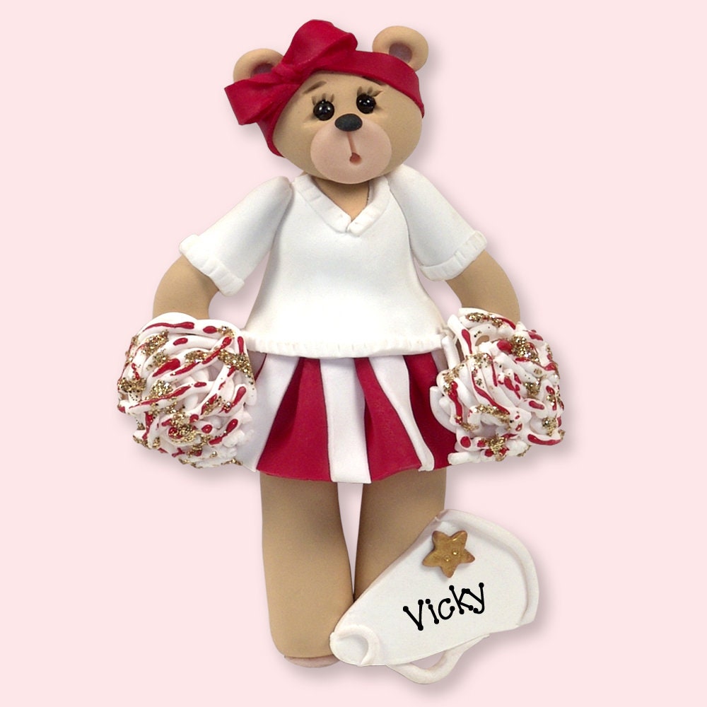 Green Cheerleader Belly  Bear Handmade Polymer Clay Personalized Christmas Ornament