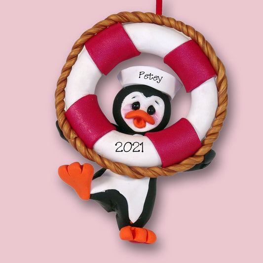 Petey Penguin with Float / Life Preserver HANDMADE POLYMER Clay Ornament - Limited Edition - Personalized Christmas Ornament