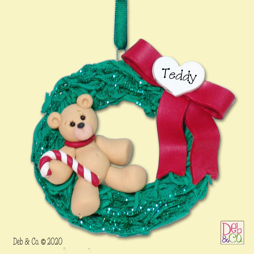 Christmas Bear Hanging from Wreath Personlized Christmas Ornament - Handmade Polymer Clay