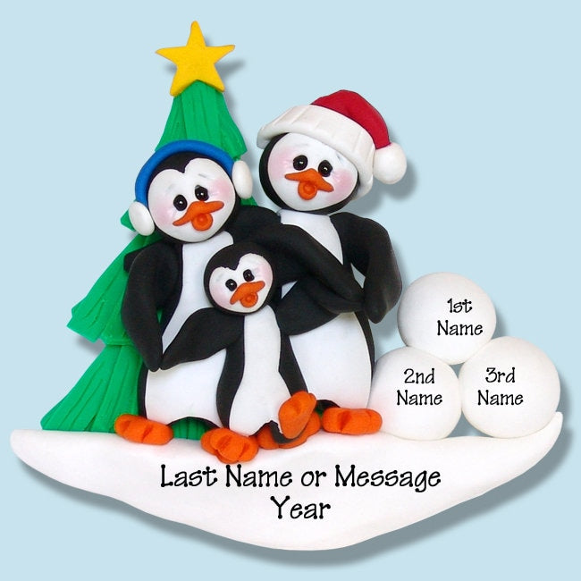 Personalized PENGUIN FAMILY of 3, HANDMADE Polymer Clay, Personalized Christmas Ornaments