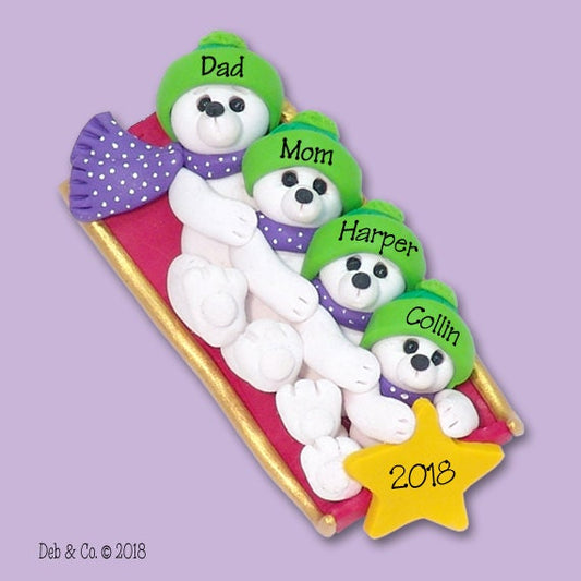 Polar Bear Family of 4 on SLED, Personalized Family Ornament, Ornament for 4, HANDMADE Polymer Clay, Personalized Christmas Custom Ornaments