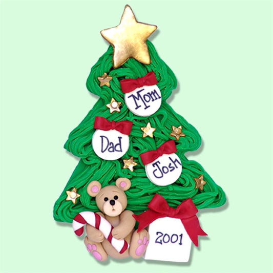 Chiristmas Tree with Bear Family of 3 HANDMADE POLYMER CLAY Personalized Christmas Ornament