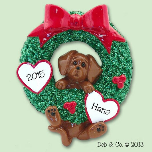 Dachshund Ornament Personalized, Personalized Christmas Ornaments,  PUPPY DOG  Hanging in Wreath - Personalized Dog Ornaments