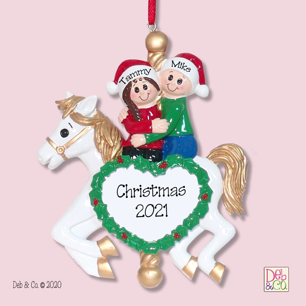 Couple on Carousel Horse Romantic Personalized Christmas Ornament- First Christmas - Marry Me?