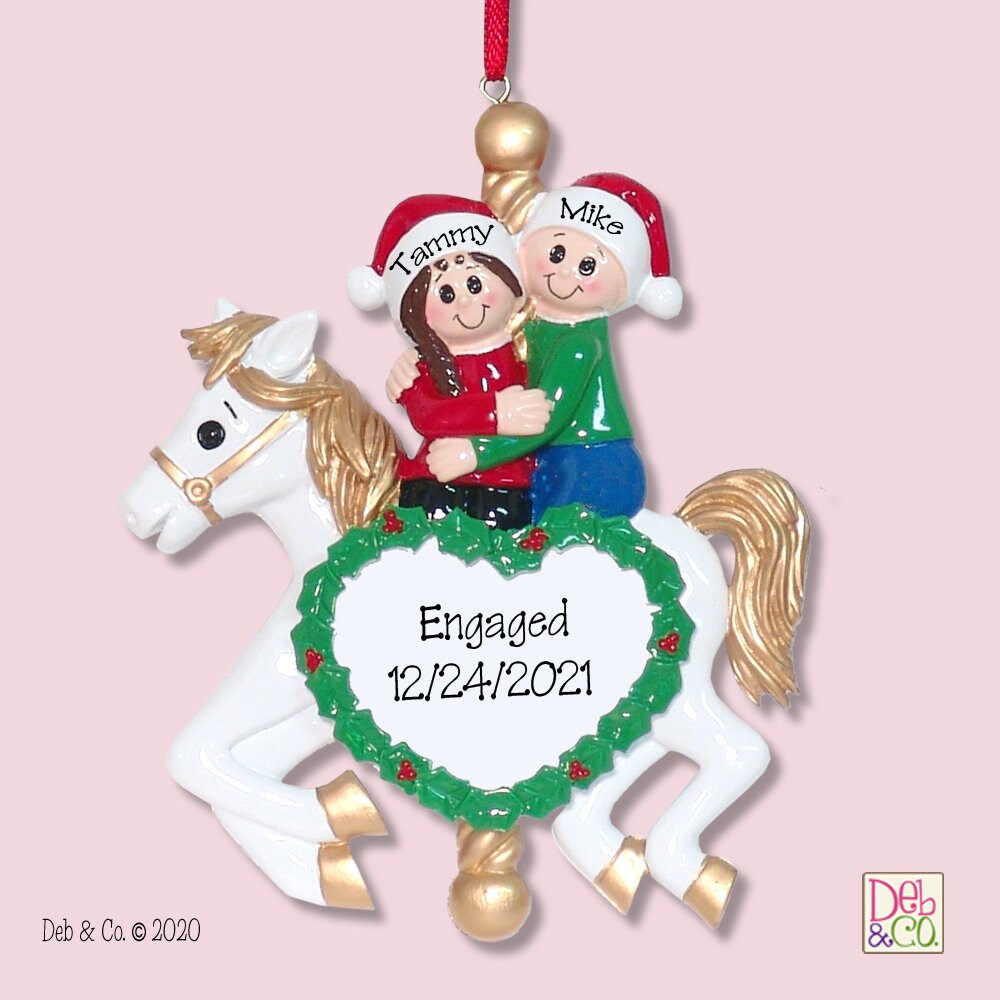 Couple on Carousel Horse Romantic Personalized Christmas Ornament- First Christmas - Marry Me?