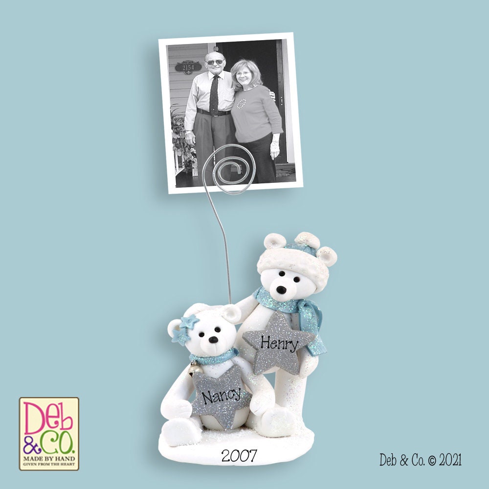 Polar Bear Couple Photo Holder / Place Card Holder - HANDMADE Polymer Clay