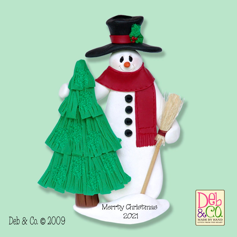 Snowman with Tree & Broom HANDMADE POLYMER CLAY Personalized Christmas Ornament