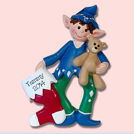 Elf with Stocking and Bear RESIN Personalized Christmas Ornament