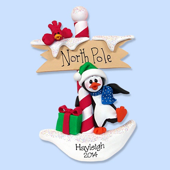 Petey Penguin at the NORTH POLE  Handmade Polymer Clay Personalized Ornament in Custom Gift Box