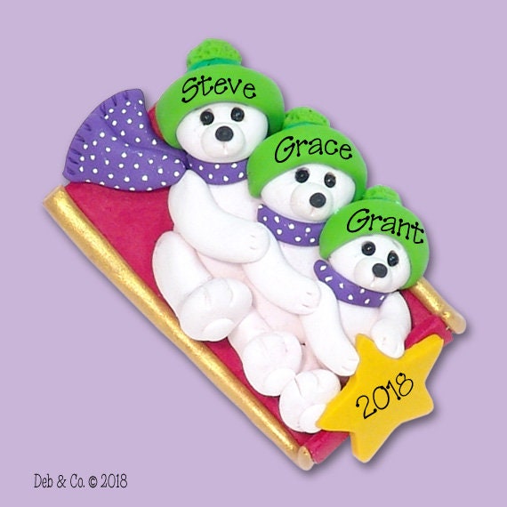 Polar Bear Family of 3 on SLED, Personalized Family Ornament, Ornament for 3, HANDMADE Polymer Clay, Personalized Christmas Custom Ornaments