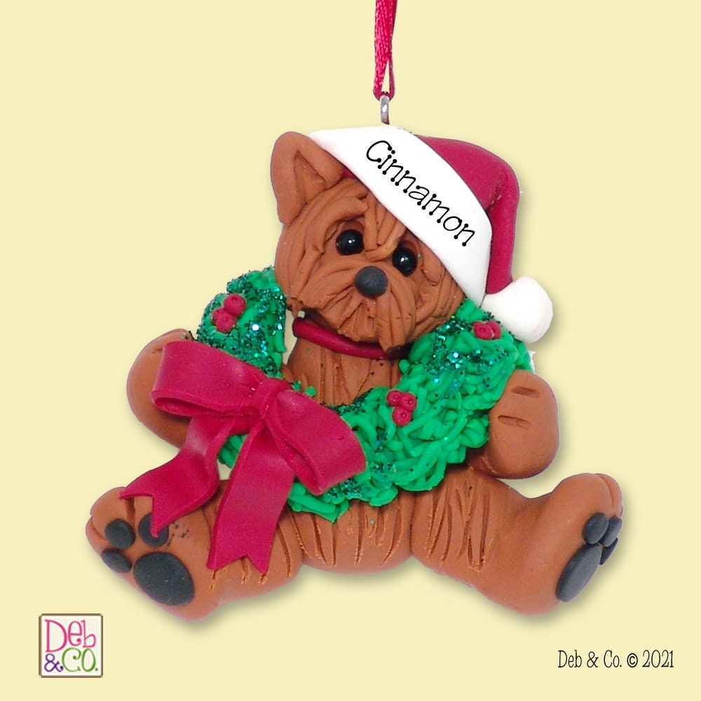 Yorkie Puppy Dog Ornament with Wreath Handmade Polymer Clay - Personalized Christmas Ornament - Limited Edition