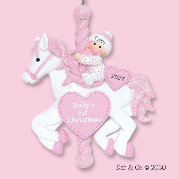 Baby's First Christmas - Baby GIRL on Carousel Horse- Personalized Christmas Ornament  - RESIN