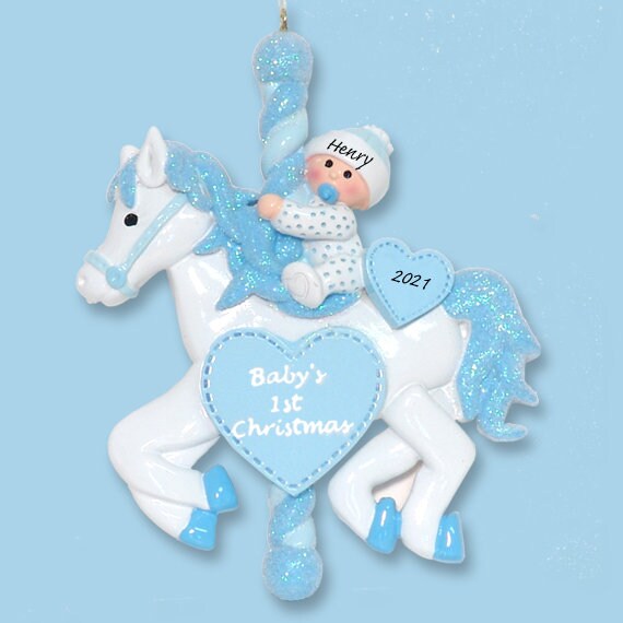 Baby's First Christmas - Baby BOY on Carousel Horse- Personalized Christmas Ornament  - RESIN