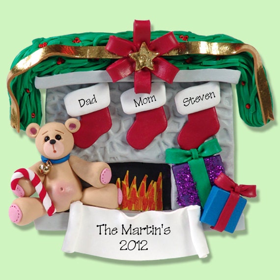 Fireplace w/Bear Family of 3 HANDMADE POLYMER CLAY Personalized Christmas Ornament