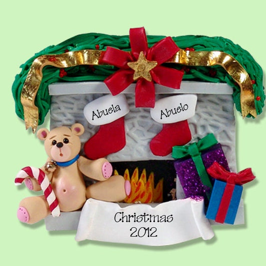 Fireplace w/Bear Grandparents Ornament Personalized / Couples Ornament, HANDMADE POLYMER CLAY,  Personalized Christmas Ornaments