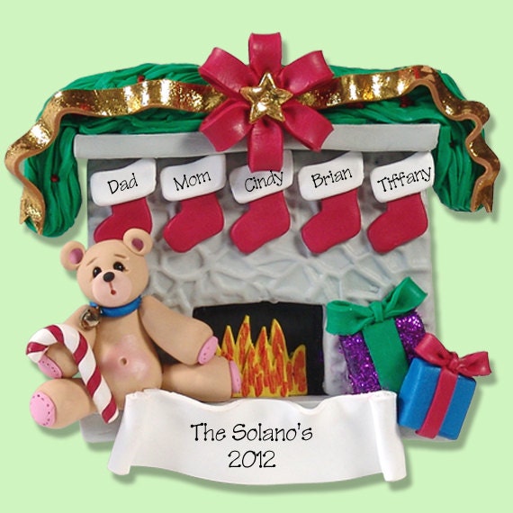 Fireplace w/Bear Family of 5 HANDMADE POLYMER CLAY Personalized Christmas Ornament