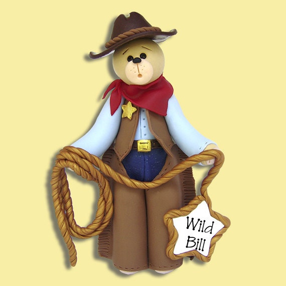 Belly Bear Cowboy HANDMADE Polymer Clay Personalized Christmas Ornament