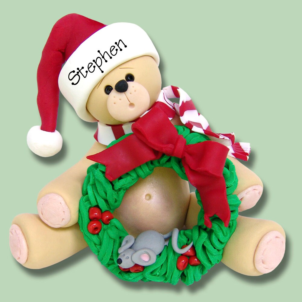 Belly Bear w/ Wreath and Mouse Personalized Christmas Ornament - Handmade Polymer Clay