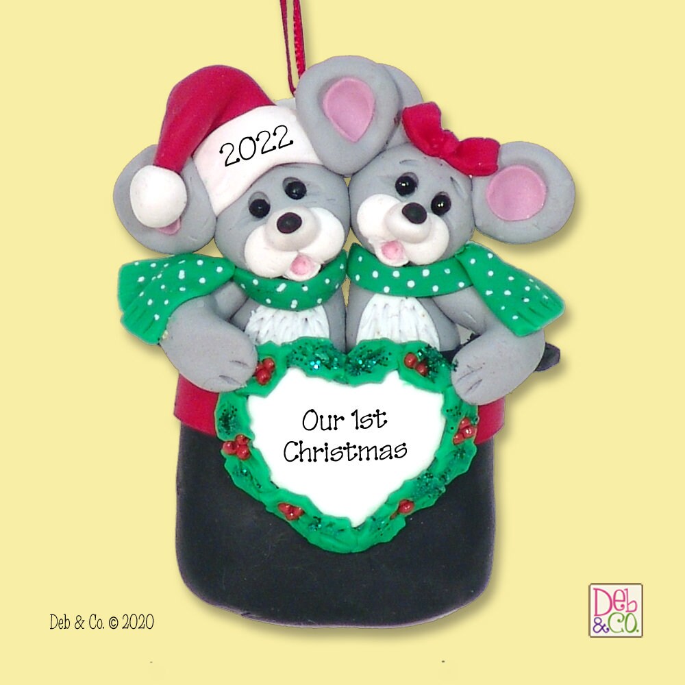 Mouse Couple in Hat HANDMADE POLYMER CLAY Personalized Couples Ornament-Limited Edition