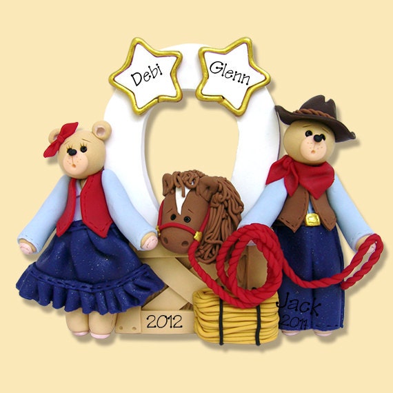 Belly Bear Cowboy Family of 2 / Couples with Horse HANDMADE POLYMER CLAY Personalized Christmas Ornament