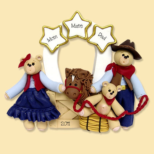 Belly Bear Cowboy Family of 3 with Horse HANDMADE POLYMER CLAY Personalized Western Ornament