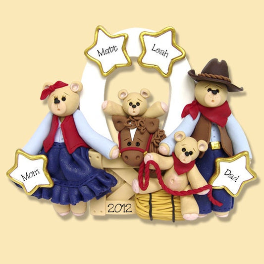 Belly Bear Cowboy Family of 4 with Horse HANDMADE POLYMER CLAY Personalized Western Ornament