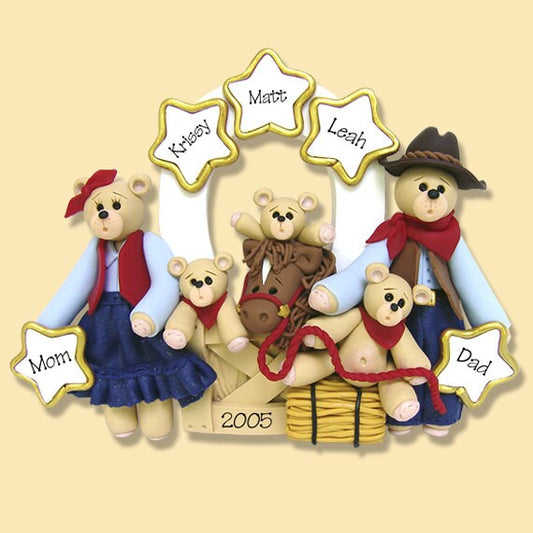 Belly Bear Cowboy Family of 5 with Horse HANDMADE POLYMER CLAY Personalized Western Ornament