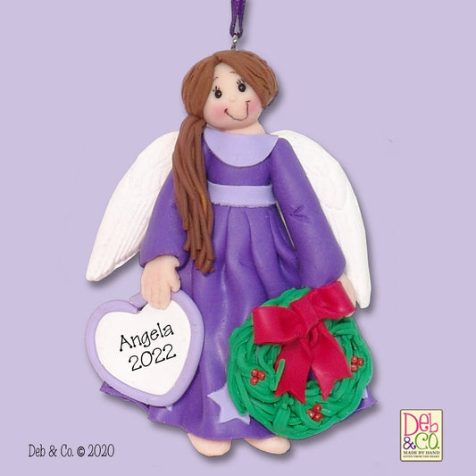 Purple Angel w/Brown Hair & Wreath HANDMADE Polymer Clay Personalized Christmas Ornament - Limited Edition