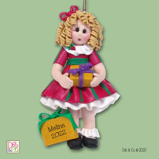 Giggle Gang Girl in Christmas Outfit HANDMADE Polymer Clay Personalized Christmas Ornament, Little Girl's Ornament in Custom Gift Box