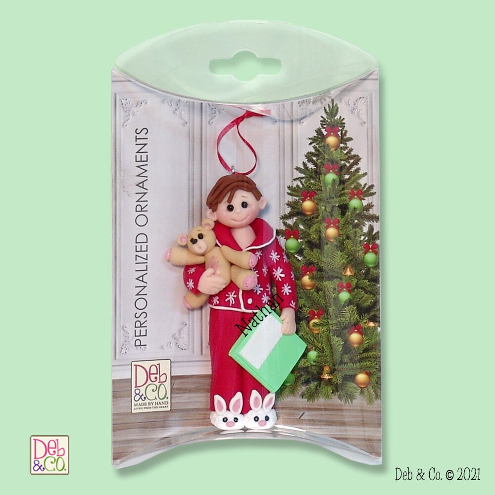 Giggle Gang Boy in Christmas Pajamas Handmade Polymer Clay Personalized Christmas Ornament in Custom Gift Box