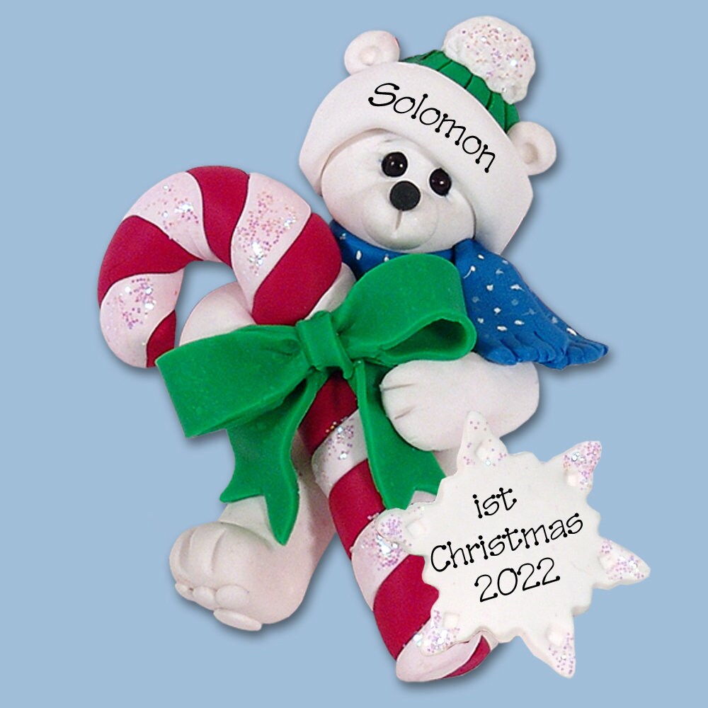 Polar Bear w/Candy Cane Handmade Polymer Clay Personalized Christmas Ornament - Limited Edition