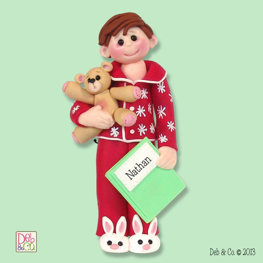 Giggle Gang Boy in Christmas Pajamas Handmade Polymer Clay Personalized Christmas Ornament in Custom Gift Box